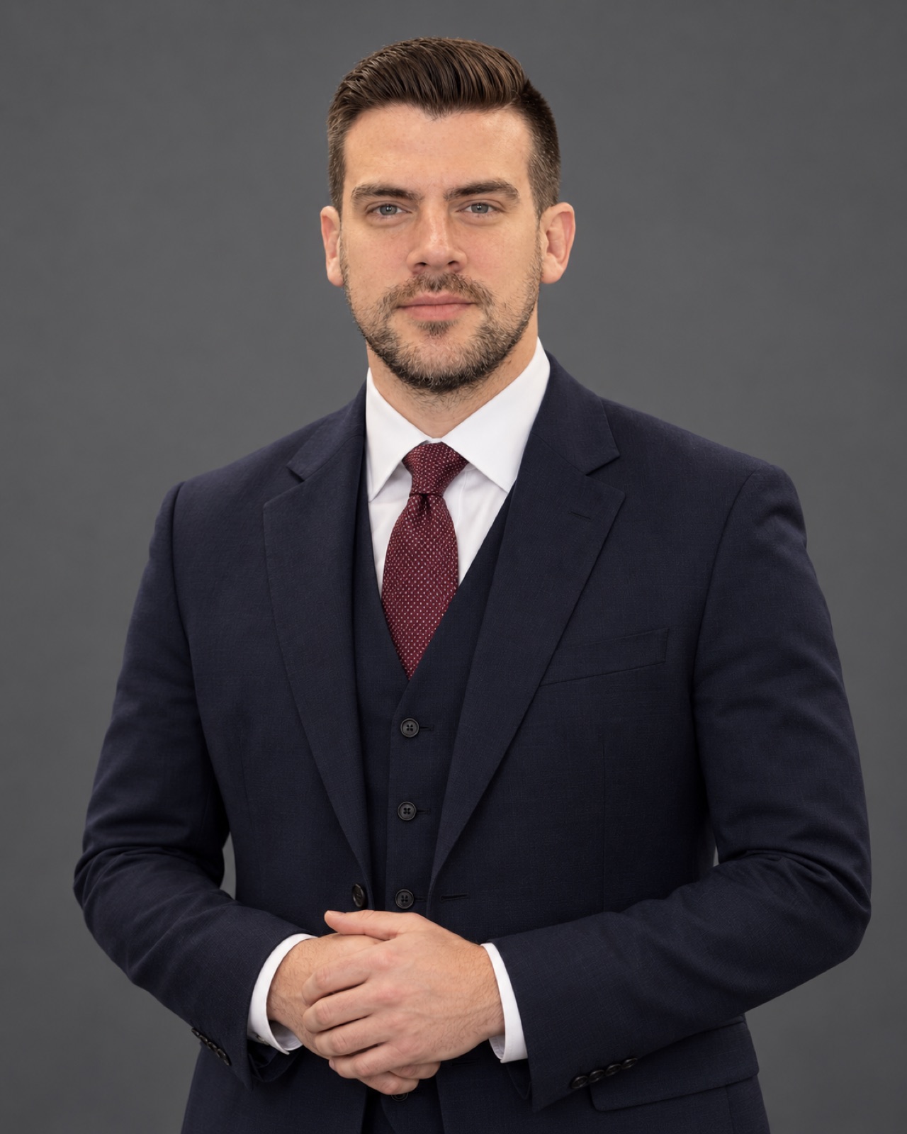 Vayden Foster in a navy three-piece suit